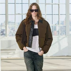 NWT ZARA JACKET ZW COLLECTION funnel genuine leather collar neck Brown puffer
